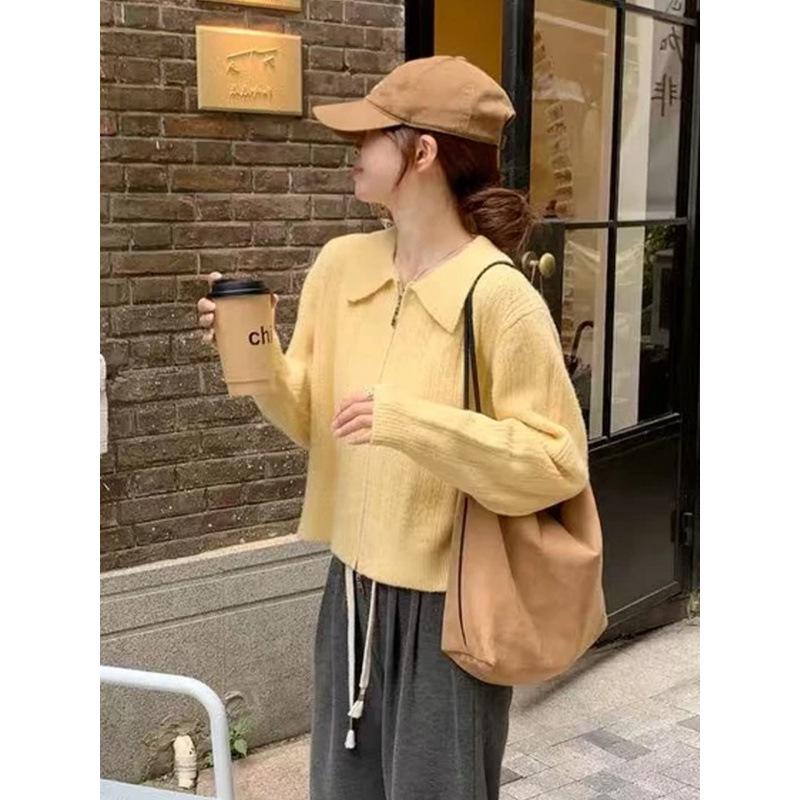 French Goose Yellow Polo Collar Women's Knitted Cardigan with Double Zipper - 2025 Autumn Collection.