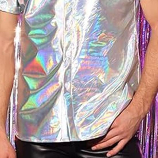 Pánská lesklá metalická košile s krátkým rukávem s klopou, zapínací na knoflíky, třpytivý disco outfit pro pódiové vystoupení, noční klub, taneční párty, bar