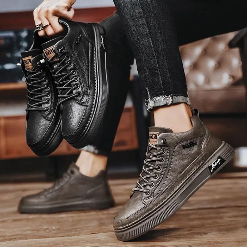Klassische Herren Leder Freizeitschuhe Frühling Neu High Top Plateau Schuhe Slipper Luxus Britischer Business Stil Laufschuhe