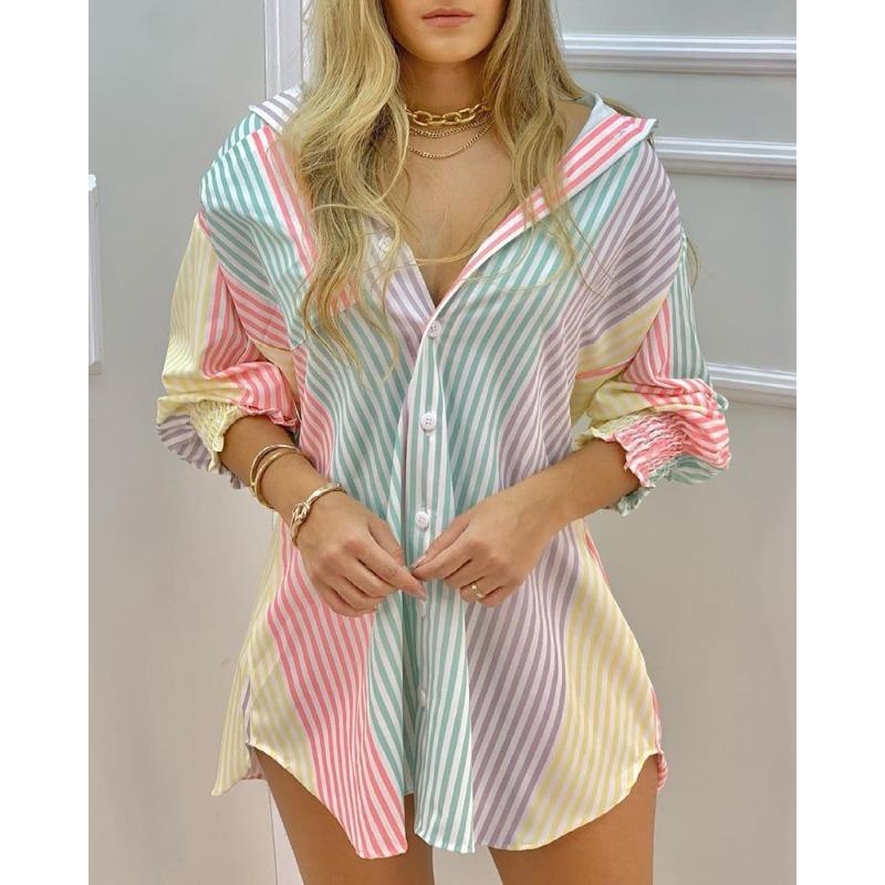 

VEZFAA Women s Fashion Casual Spring Autumn Stripe Print Long Sleeve V-Neck Blouses & Shirts S