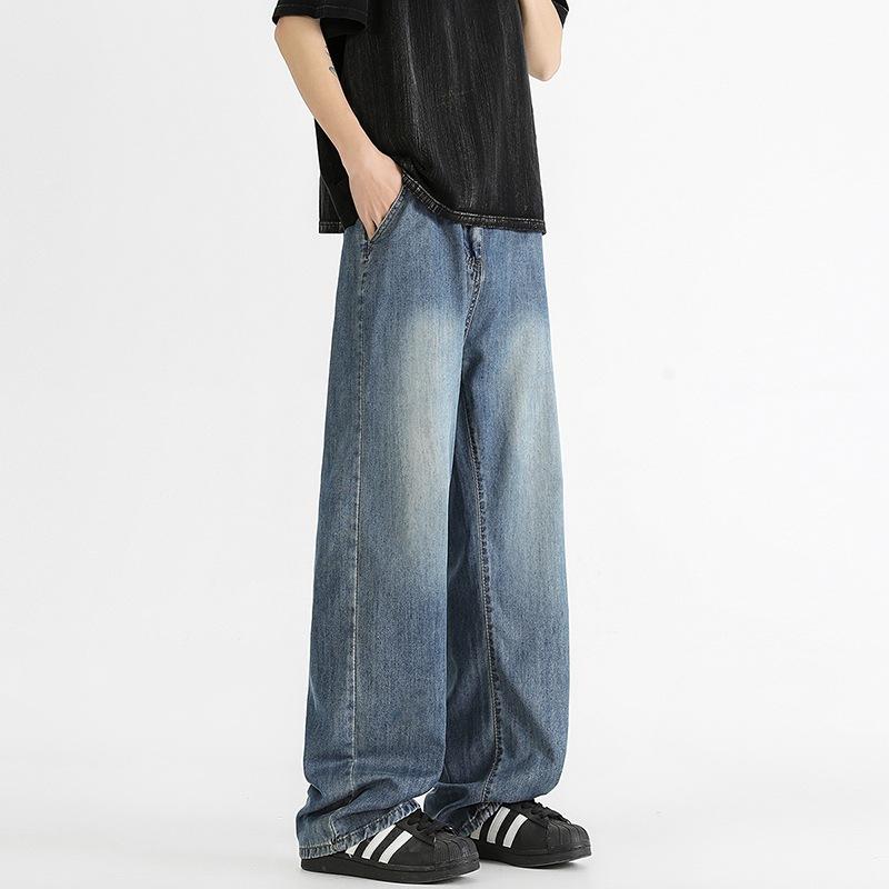 Summer thin loose Lyocell Tencel washed jeans men's cool drape wide-leg straight pants