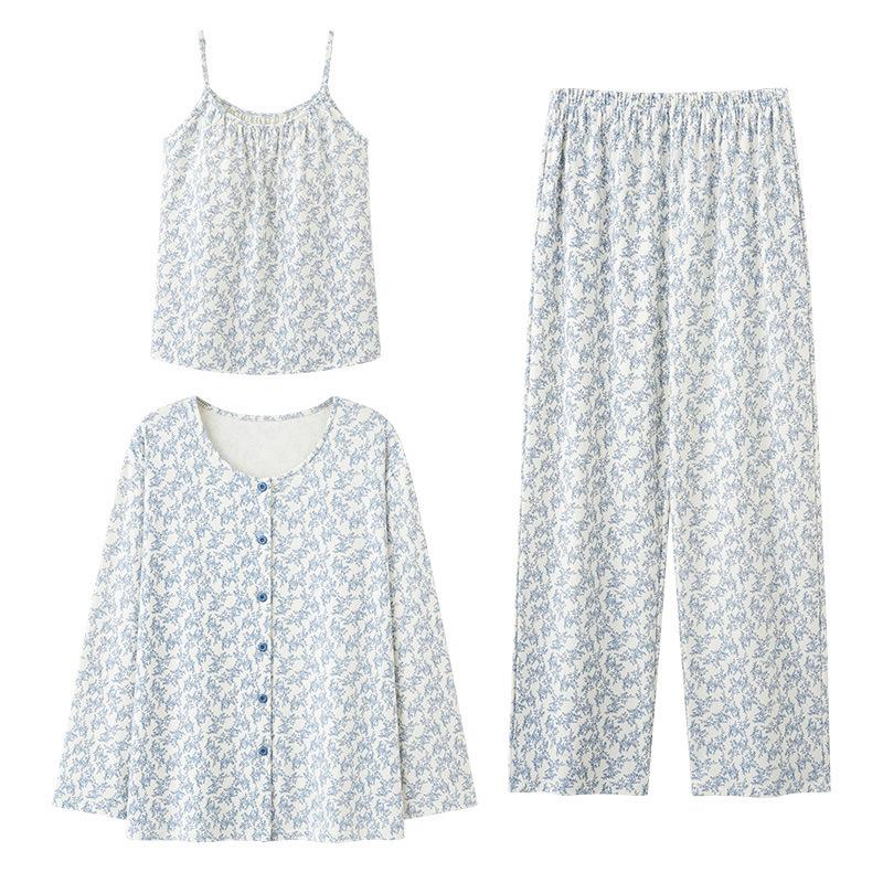 Women's Three-Piece Cotton Pajama Set: Spring Fashion, Printed, Comfortable, Breathable, with Chest Pads, Skin-Friendly.