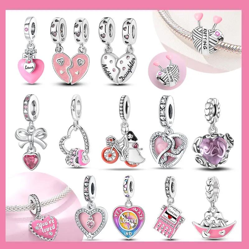 Silberrosa Serie Zirkonium Herzförmiger Perlenanhänger Süßes Paar Passend für Original Armband Für Frauen Charm Schmuck Geschenk