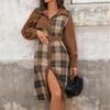 100% Clothing: 2025 Retro Plaid Patchwork Dress with Turn-Down Collar - New European & American Autumn/Winter Workplace Style.