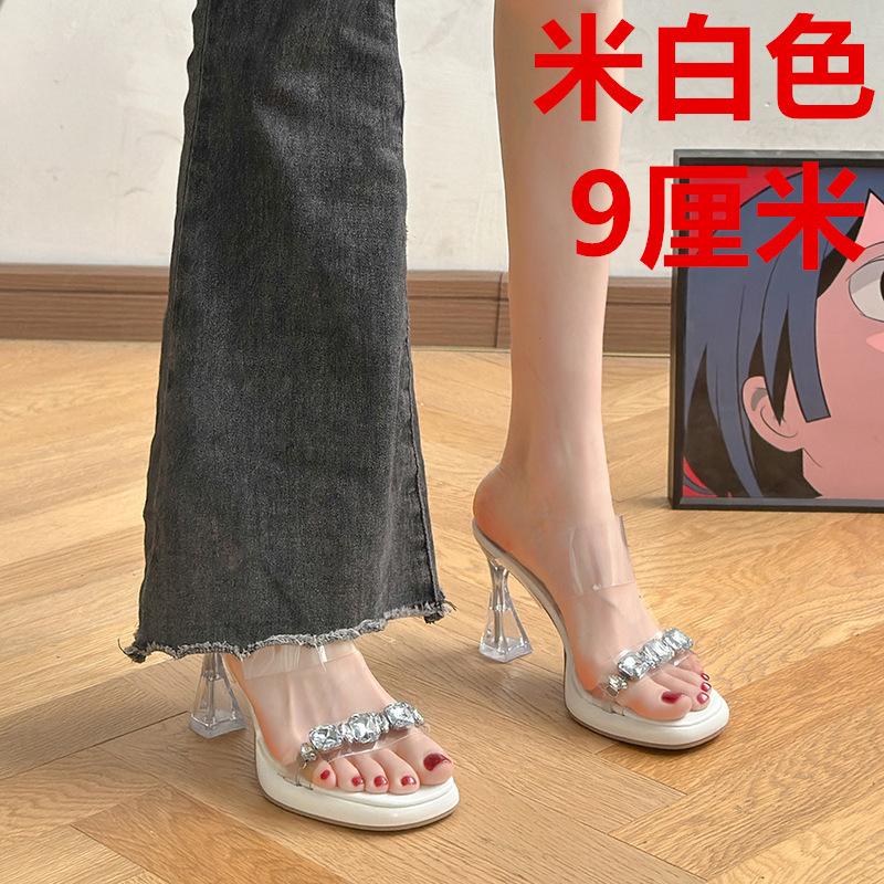

French rhinestone transparent crystal heel sandals women s summer word belt high sense thick heel slippers high heels wear sandals 35
