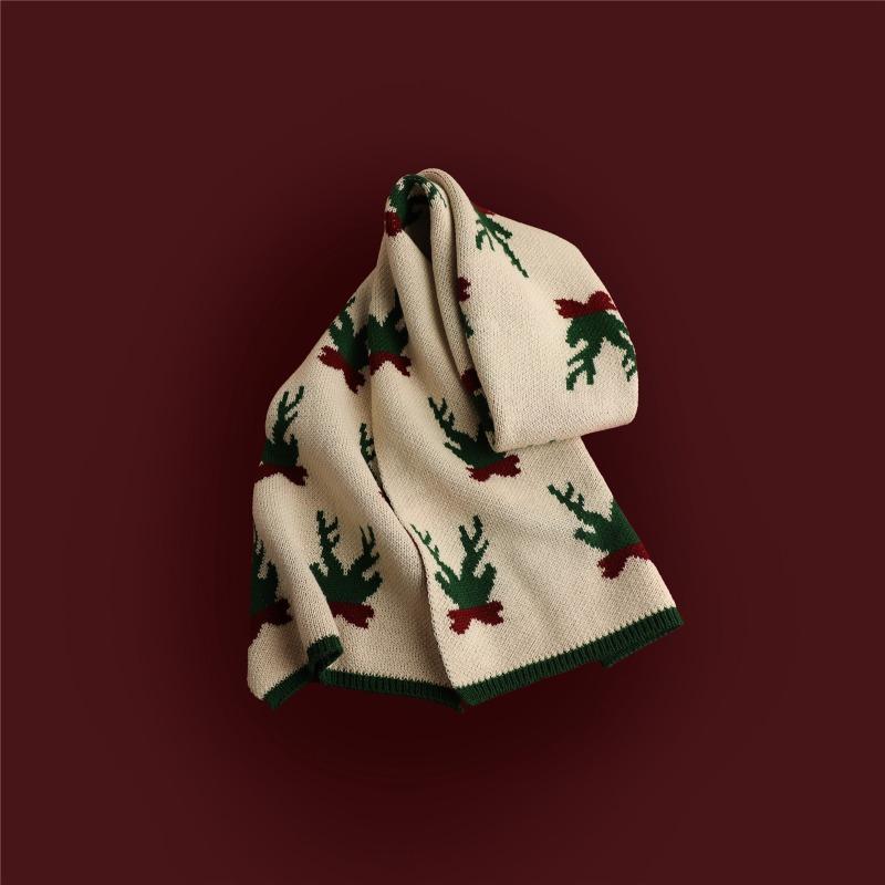 Versatile Christmas Knitted Wool Red Scarf Deer Elk Print Snowflake Warm Personality Couple Scarf Student