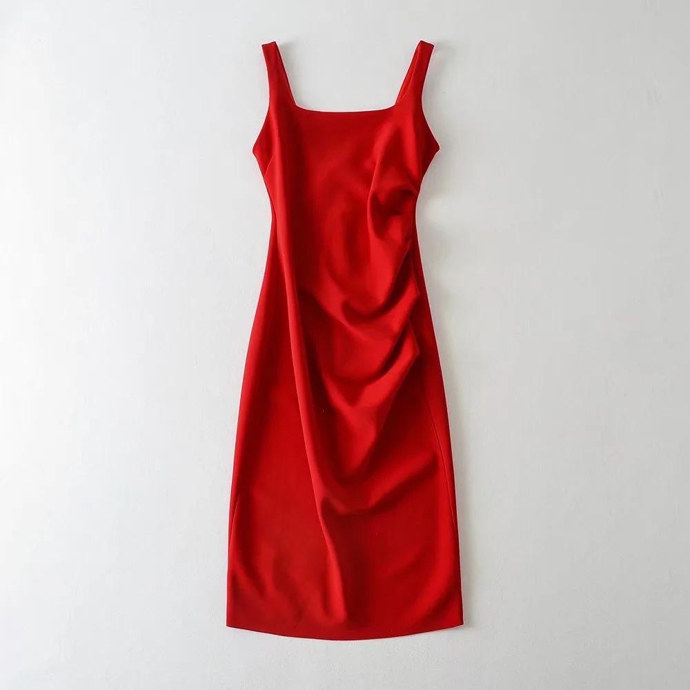 2025 Side Pleated Vest Dress, European And American Style Women'S New Solid Color Tight Strap Dress