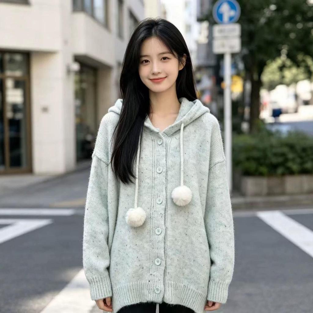 Lace-Up Hooded Sweater Coat – Women's Plus Size Autumn/Winter 2026 Knit Cardigan