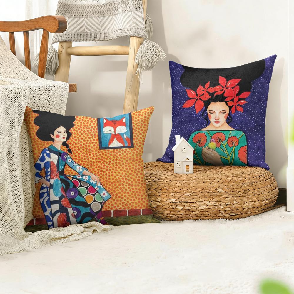 Abstract Girl Hair Flower Cushion Cover Natural Linen Organic Fabric DoubleSided Printing Sofa Home Decor Gift Pillow Case