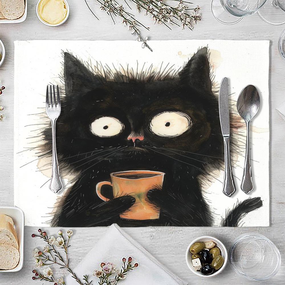 Black Cat Pattern Placemat Linen Fabric Table Mats Family Dinner Tableware Kitchen Table Mat 30X40cm