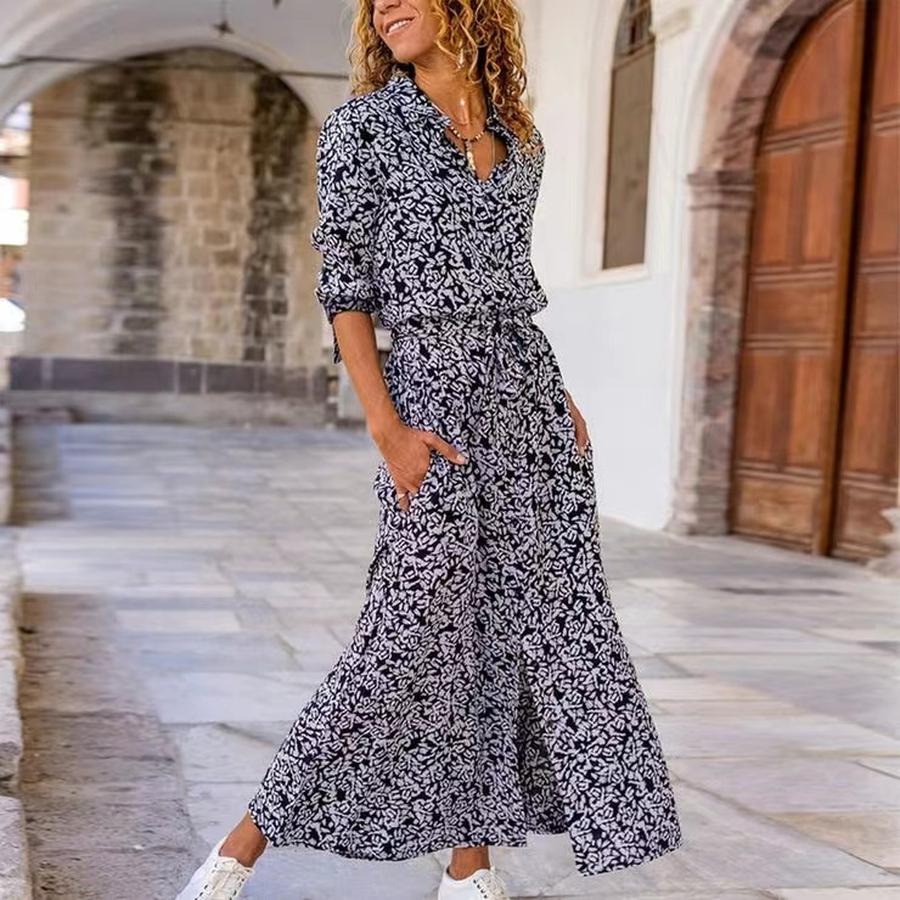 New Women's Autumn Fall Leopard Print Fashion High-Slit Long Sleeve Shirt Dress