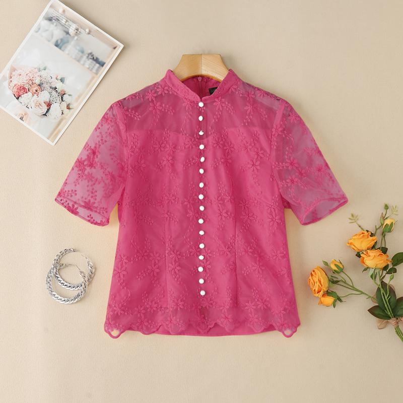 ZANZEA Bluză casual de damă cu guler înalt, mânecă scurtă, patchwork cu broderie din dantelă