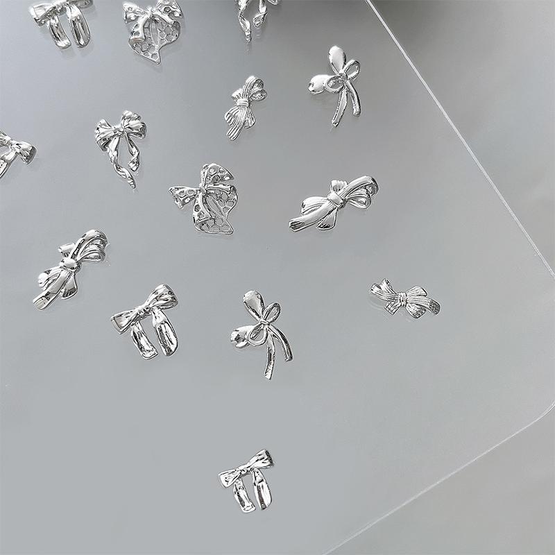 10 Pcs Glossy Silver Ribbon Nail Art Charm 3D Metal Alloy Bows Silk Ribbon Nail Decoration Diy Retro Metallic Nail Accessories
