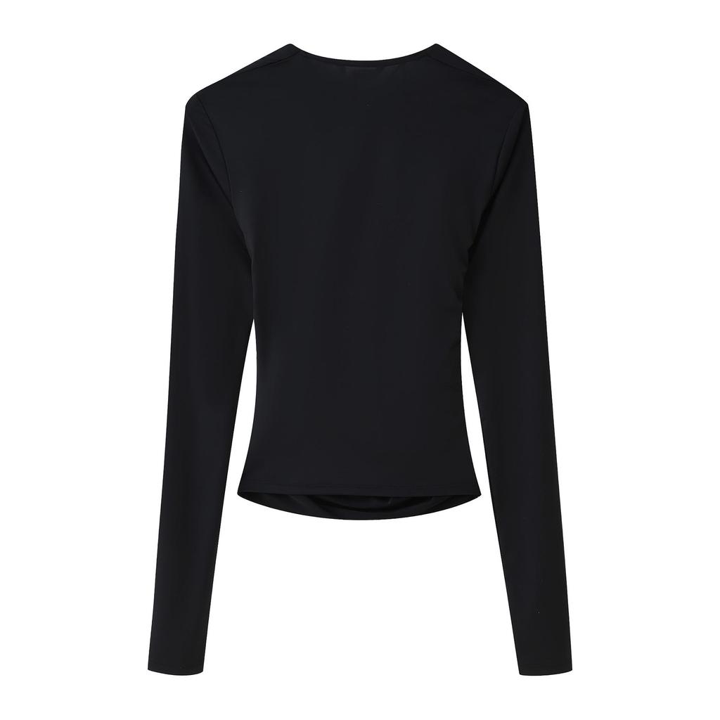 2025 Spring Women's European & American Style Cowl Neck Pleated Long Sleeve Nylon Top