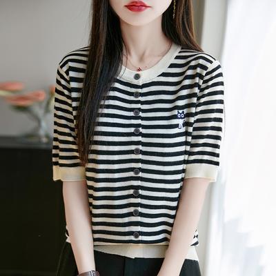 Gray Striped Short-sleeved Knitted Cardigan In Summer New Kitten Embroidered T-shirt Street-fried Unique Beautiful Top