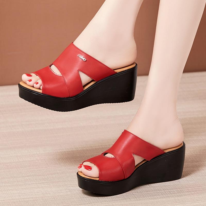 Leather Slippers Women Thick Soled Platform High Slope Heel Slippers Female Korean One-word Slippers Summer