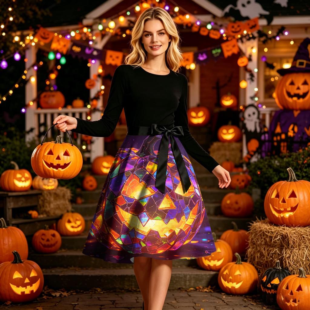 Women’s Round Neck Halloween Print Dress Casual Long Sleeve A Line Fit with Waist Belt and Themed Graphic Pattern