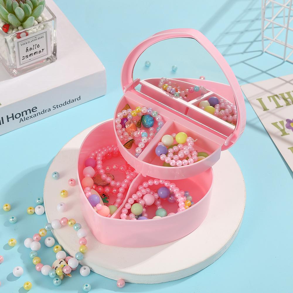 Heart-Shaped Pink Jewelry Box for Girls, Double-Layer with Mirror, Solid Color Storage for Ornaments.