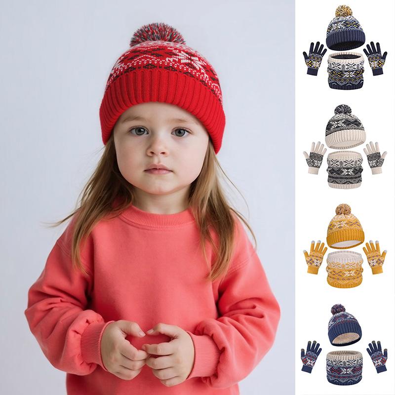 3pcs Kids for Boys Girls Scarf  Gloves 3-11Y Muffler Hats Winter Windproof Snowflake Warm Knitted Hat
