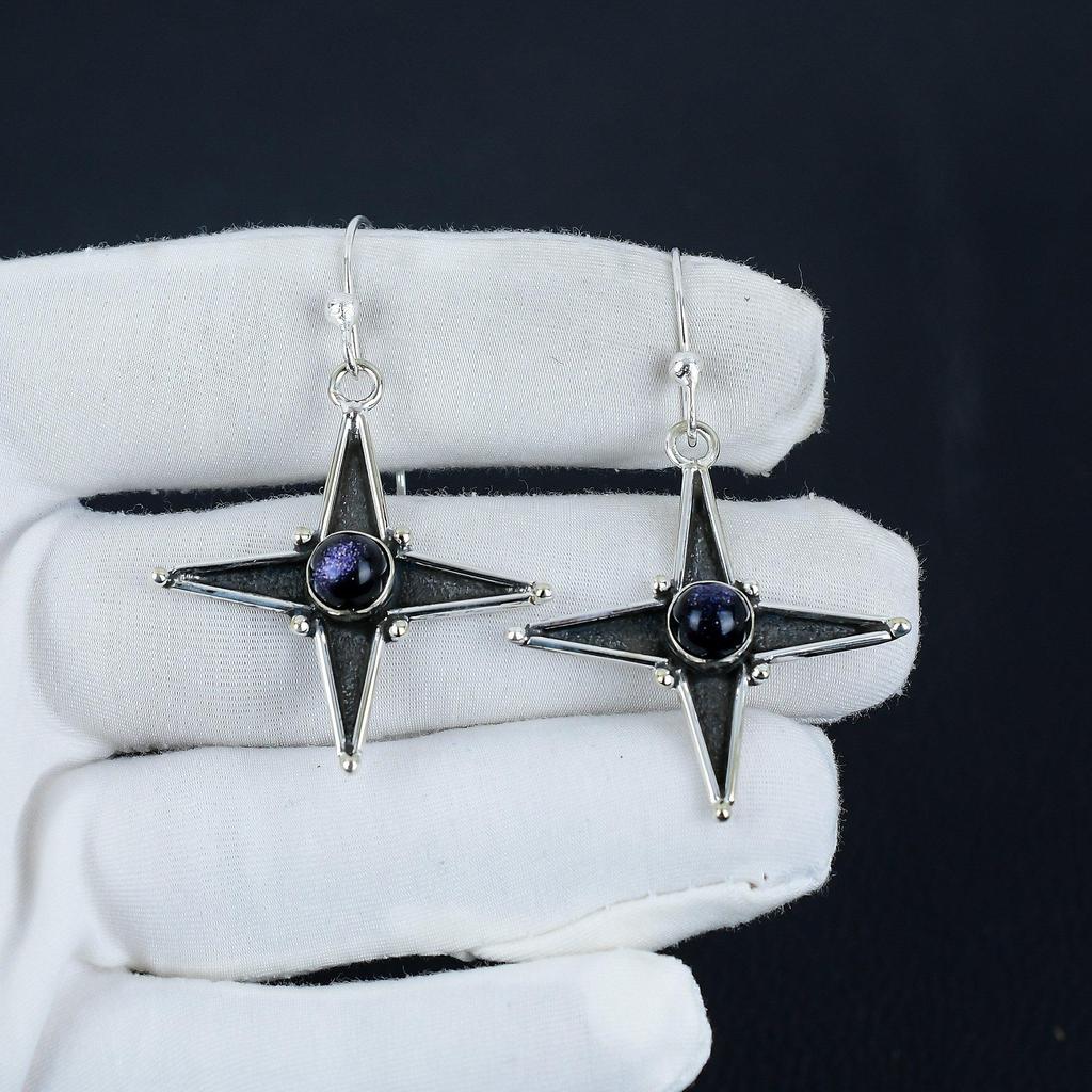 Natural Blue Sunstone Gemstone Star Shape Earrings, 925 Sterling Silver Earring, Handmade Boho Silver Jewelry Dangle Earrings, Wadding Gift