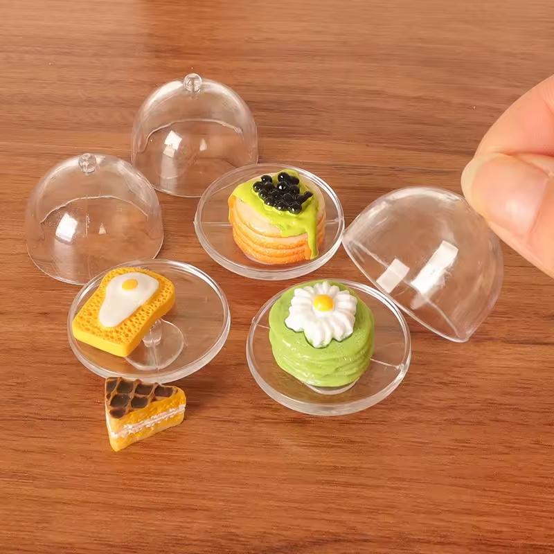 Dollhouse Miniature Cake Transparent Tray With Cover Dessert Display Rack Kitchen Model Decor Toy Doll House Accessories 5pc/lot