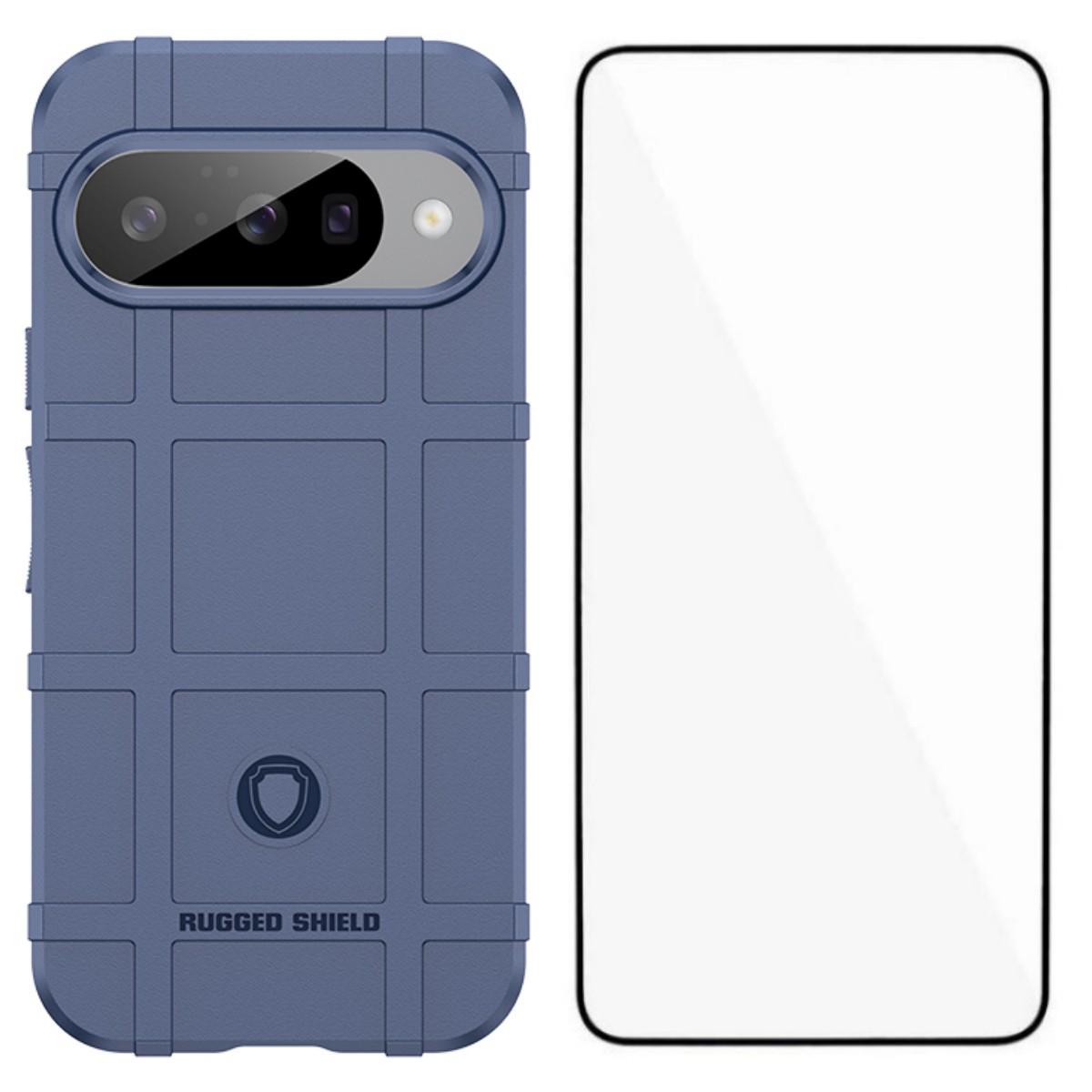 

WANLONFENG HD Series For Google Pixel 10 Case with Screen Film,Large Lens Hole Grid Design TPU Phone Cover Blue