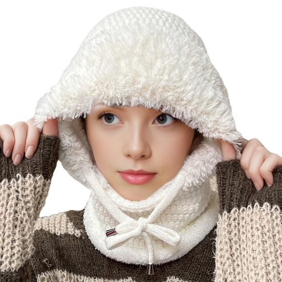 

Вязаный головной убор однотонный 3-в-1 женская вязаная шапка шарф защита лица ветрозащитный для катания на лыжах походов на флисовой подкладке зимняя повязка на голову белый