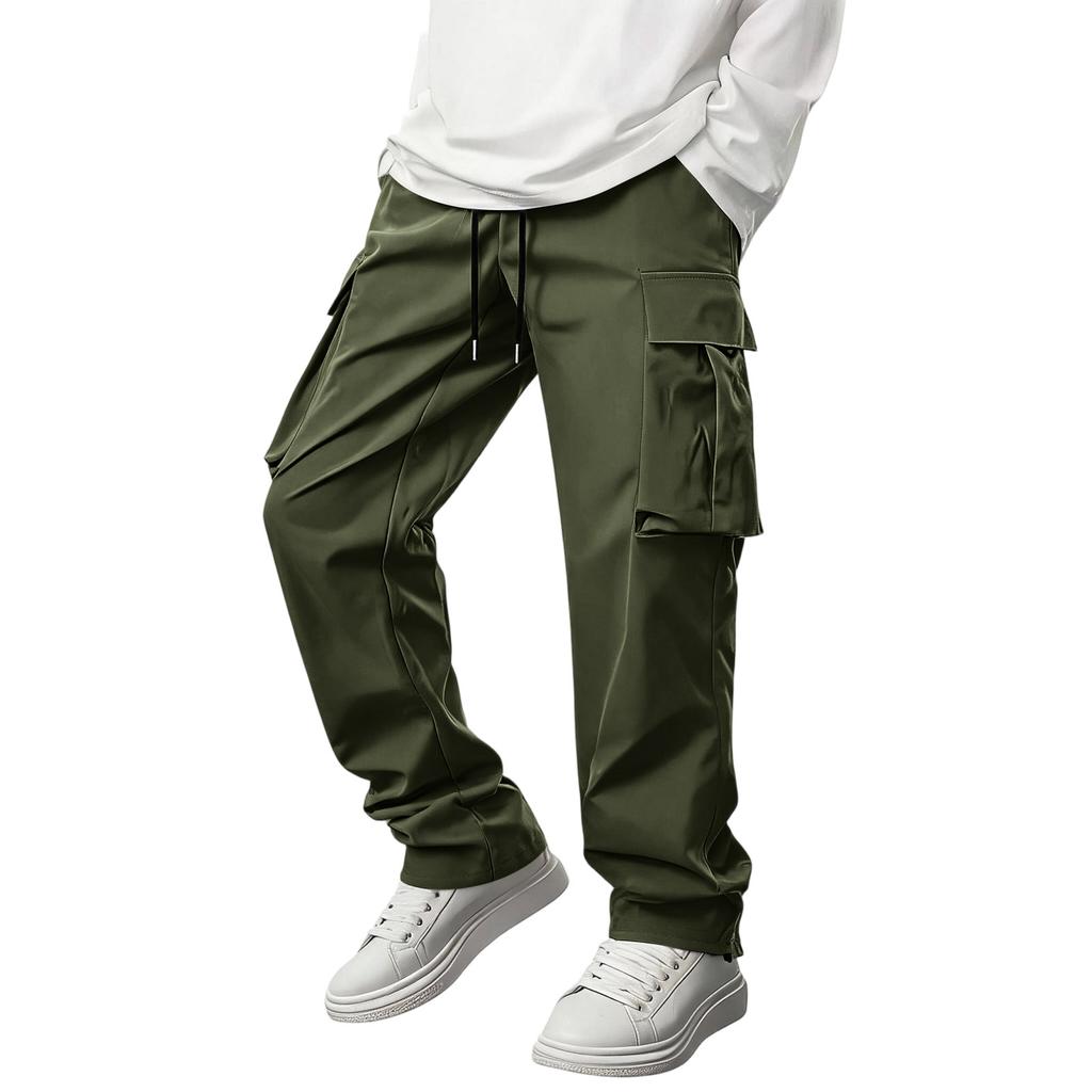 Men Casual Slim Fit Straight Leg Outdoor Multi Pocket Cargo Pants Lightweight Breathable Drawstring Waist Long Trousers