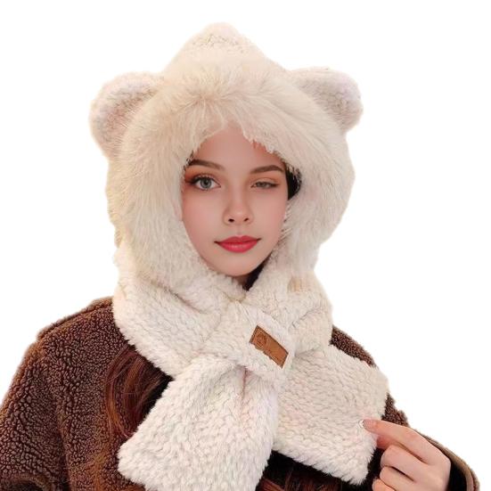 Women Winter Integrated Hat And Scarf Thick Fleece Warm Cartoon Fox Ear Decor Windproof