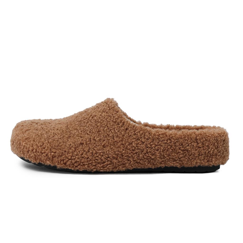 Baotou lazy person one foot half drag hair shoes women wear 2025 autumn and winter flat bottom warm piled thick hair slippers