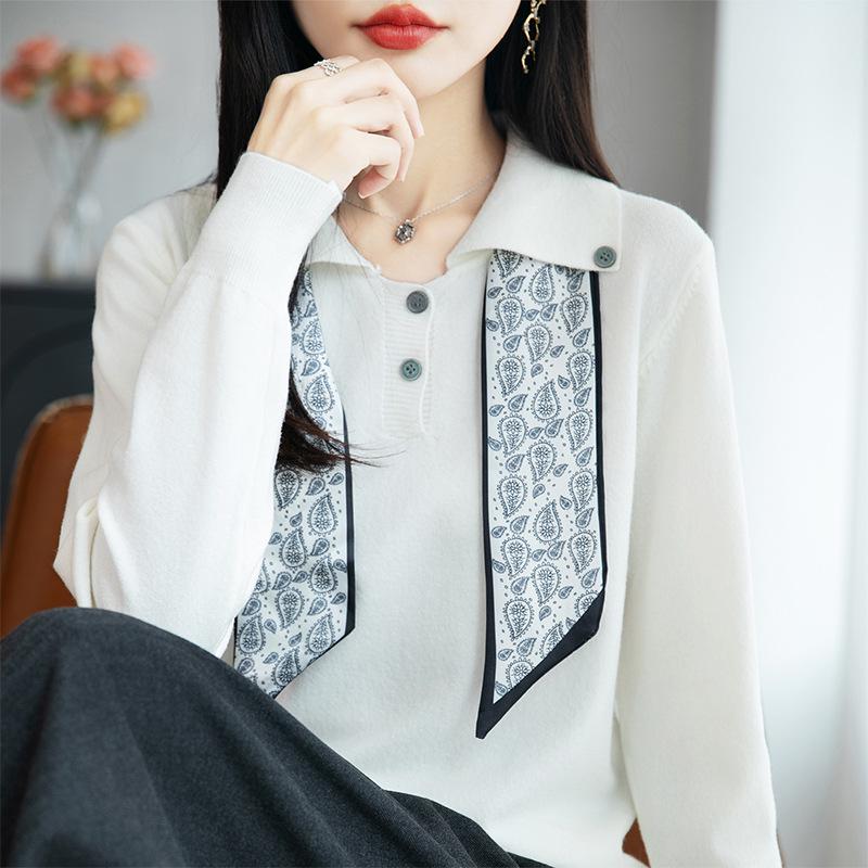 2025 Women's Fashionable Knitwear: French Ribbon Silk Scarf Design, POLO Collar, Long Sleeve Sweater