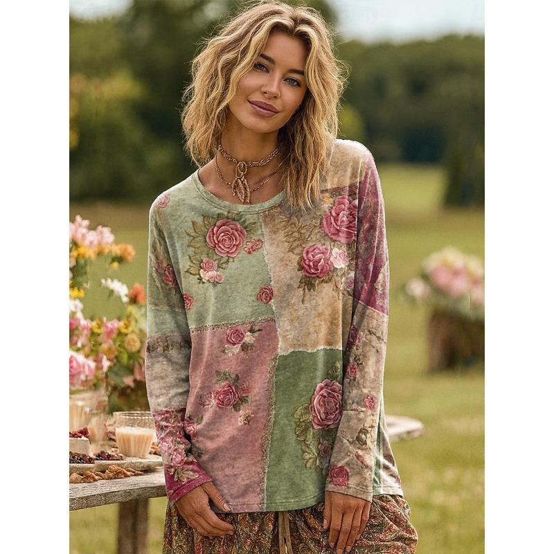 Potištěné tričko s dlouhým rukávem a kulatým výstřihem pro podzim a zimu, ležérní top, dámské oblečení