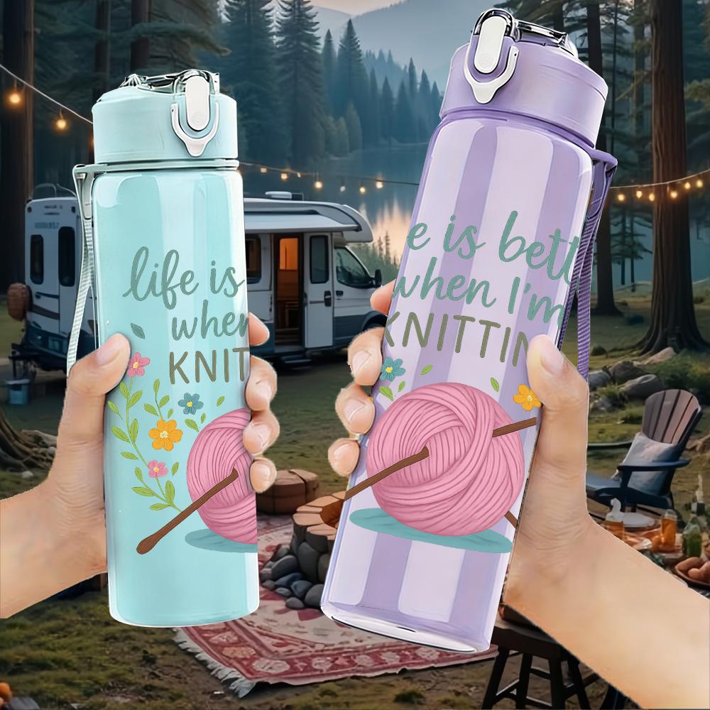 1PC Knitting Inspirational Quote Text 750ml Color Plastic Sports Water Bottle Leakproof Flip Straw Lid For Sports Office Home Use