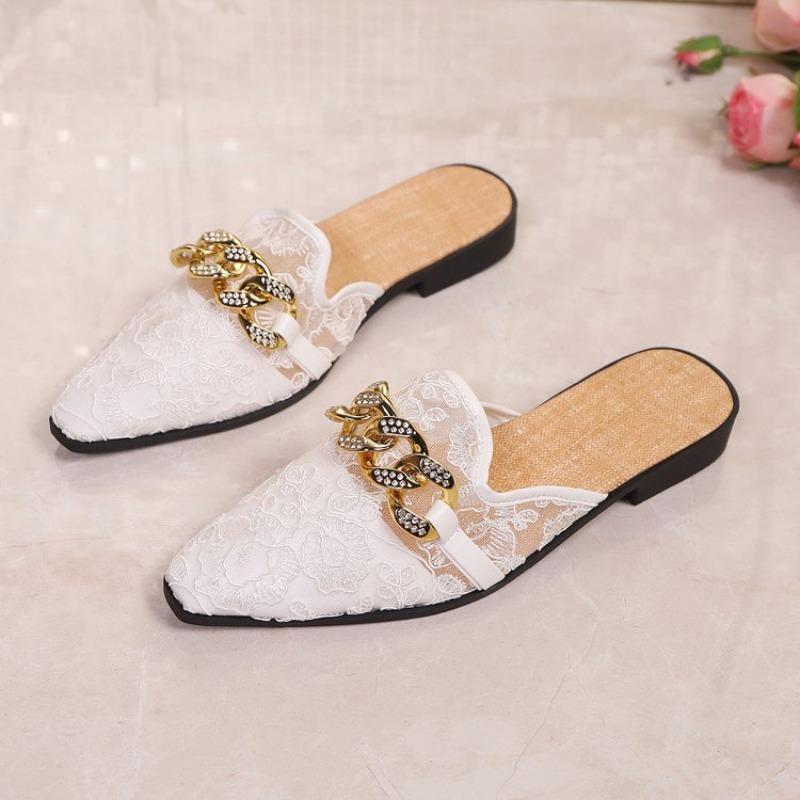 Spring 2025 new women's mules Pointed slippers outdoors Muller Fashion metal chain design Office casual shoes Large size