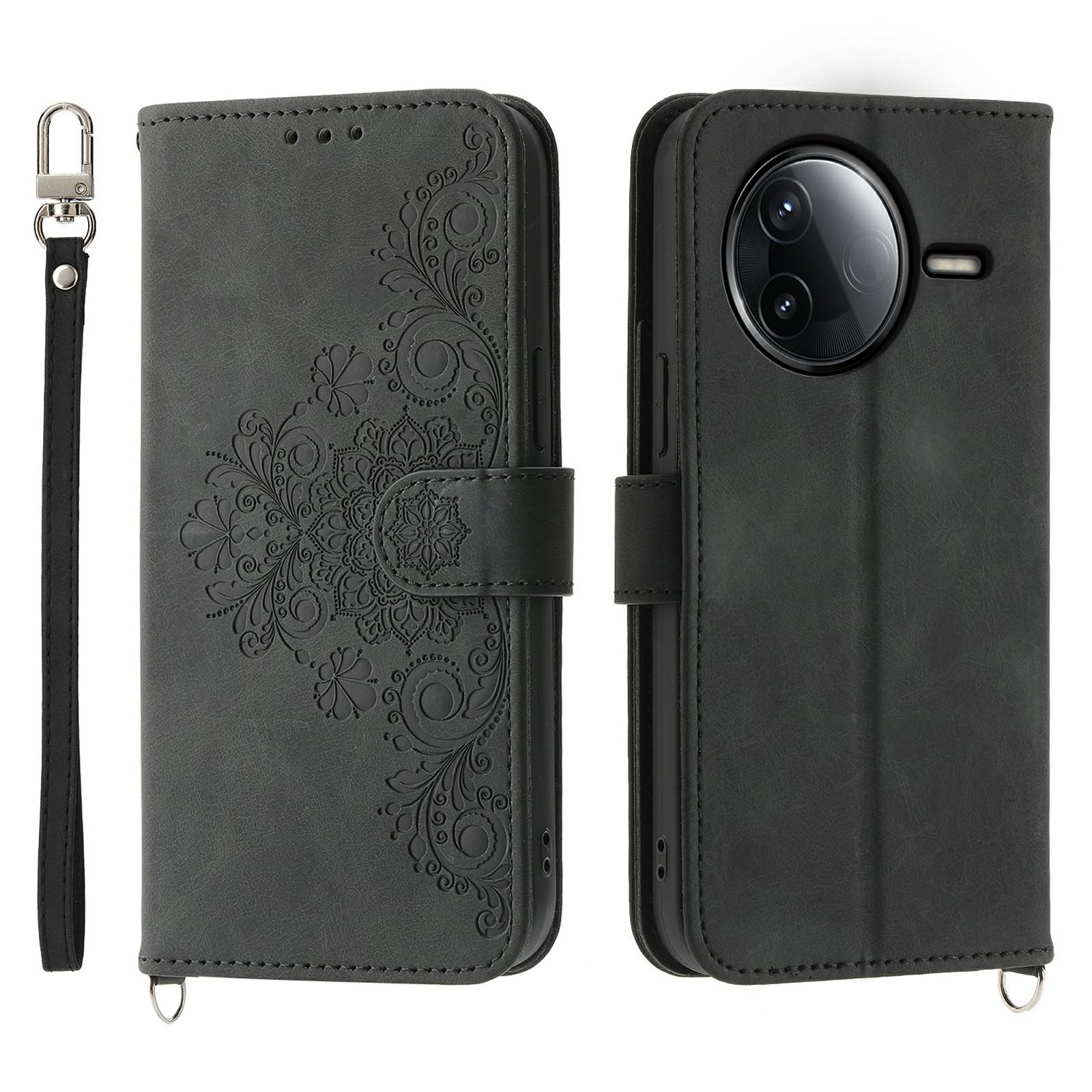 

Чехол для Xiaomi Redmi K80 5G/Poco F7 Pro 5G с цветочным узором, кошелек из искусственной кожи, чехол для телефона со шнурком Black