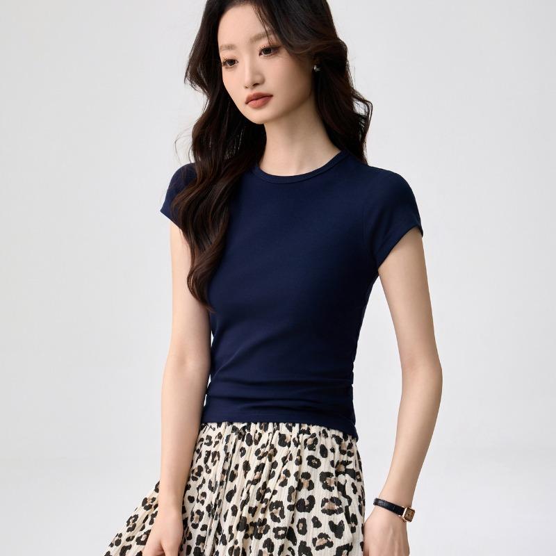 40 Combed Pure Cotton, Small Round Neck Bottoming Shirt T-shirt Women's Short-sleeved Summer New Simple and Versatile Slim and Thin Top