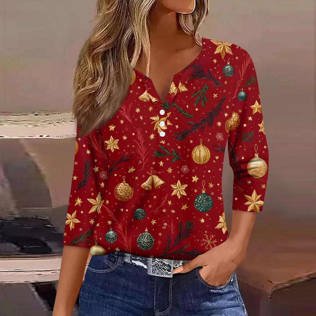 Women's T Shirt Christmas Print Button 3/4 Sleeve Daily Weekend Fashion Basic V- Neck Regular Top