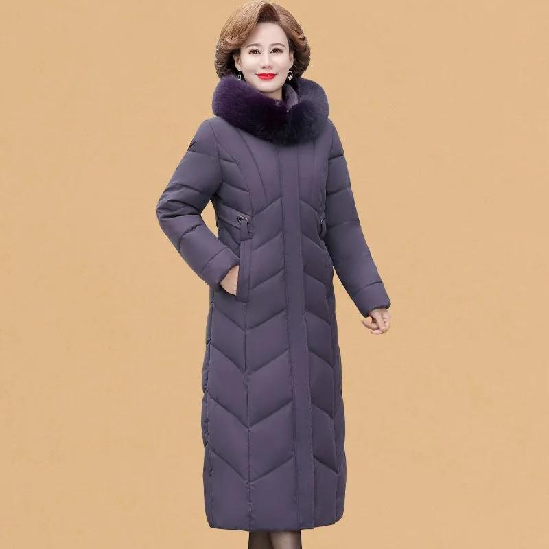 Women Winter Hooded Fur Collar Warm Jacket Clothing Middle-Aged Mother Mid-Long Thicken Warm Female Parkas