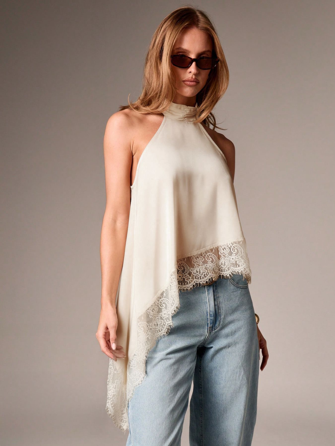 Women Summer Sleeveless Halter Top Satin Lace Trim Asymmetrical Hem Blouse XS