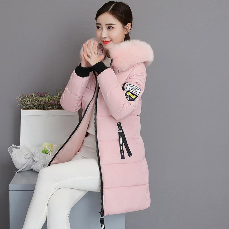 Women's Medium to Long Slim Fit Cotton Coat with Large Fur Collar