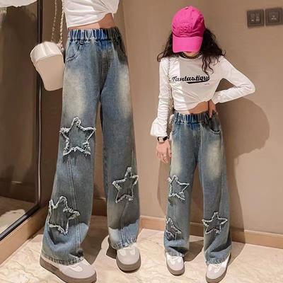 Lente Herfst Hoge Taille Jeans Meisje Retro Vijfpuntige Ster Rechte Losse Wijde Pijpen Broek Lente en Herfst Baggy Jeans Kinderen Denim Broek