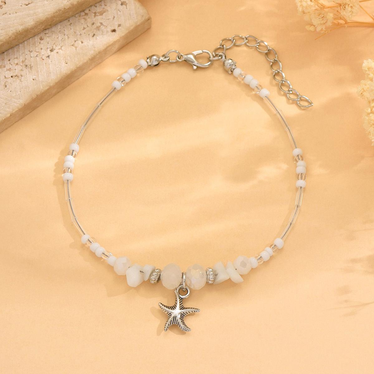 Turquoise Beaded Beach Anklet Adjustable Starfish Charm Anklet Handmade Natural Stone Beads Summer Jewelry for Women Girls One Size белый