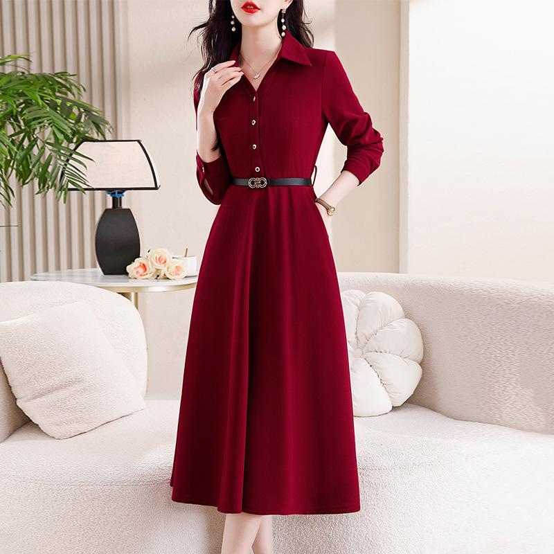 

Trendy Korean Style Patchwork Waist-Cinched Mid-Length Dress for Women - 2026 Spring/Autumn XL вино красного