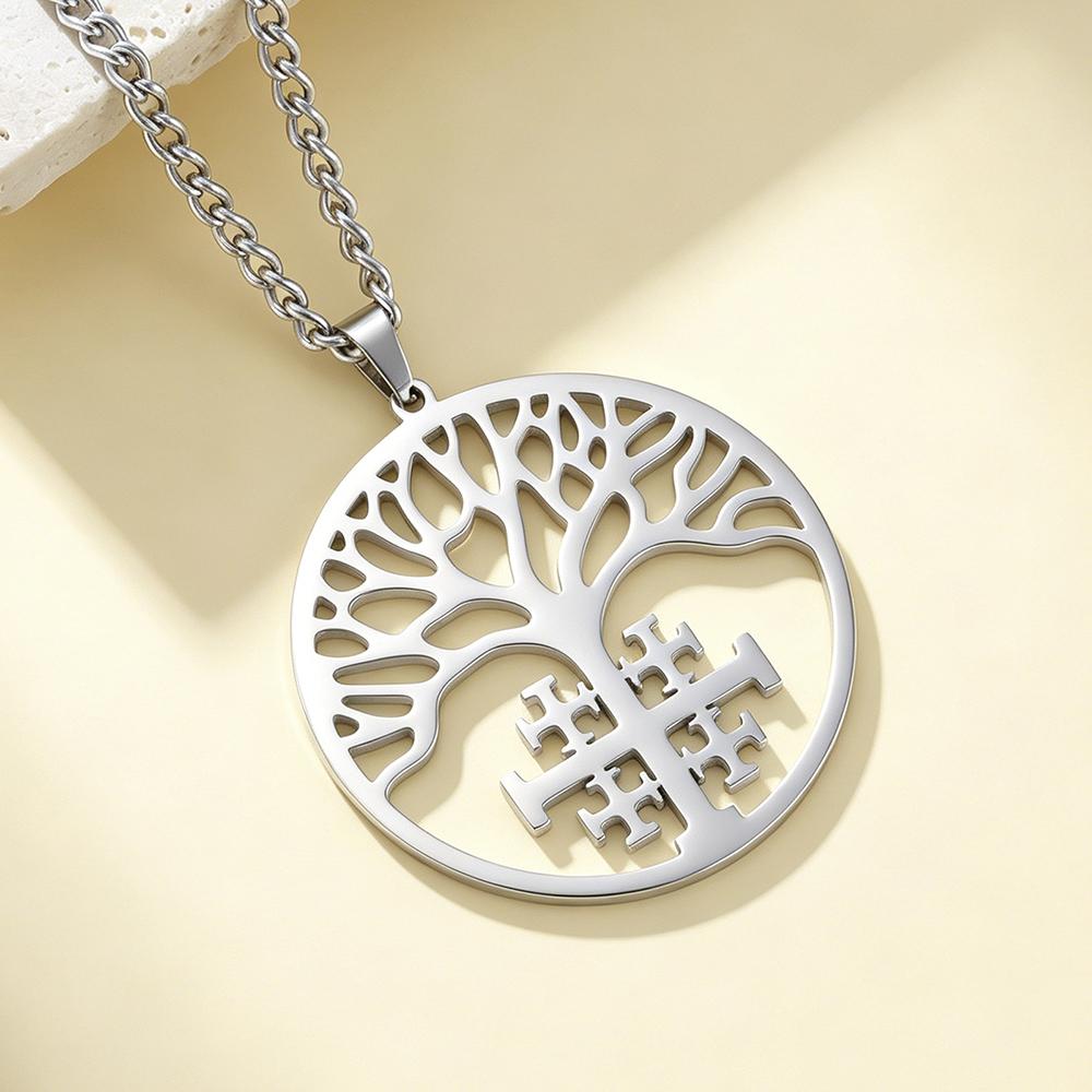 Tree of Life Jerusalem Cross Necklace Religious Jewelry Christmas Gift Holy Cross Jewish Prayer Stainless Steel Necklaces