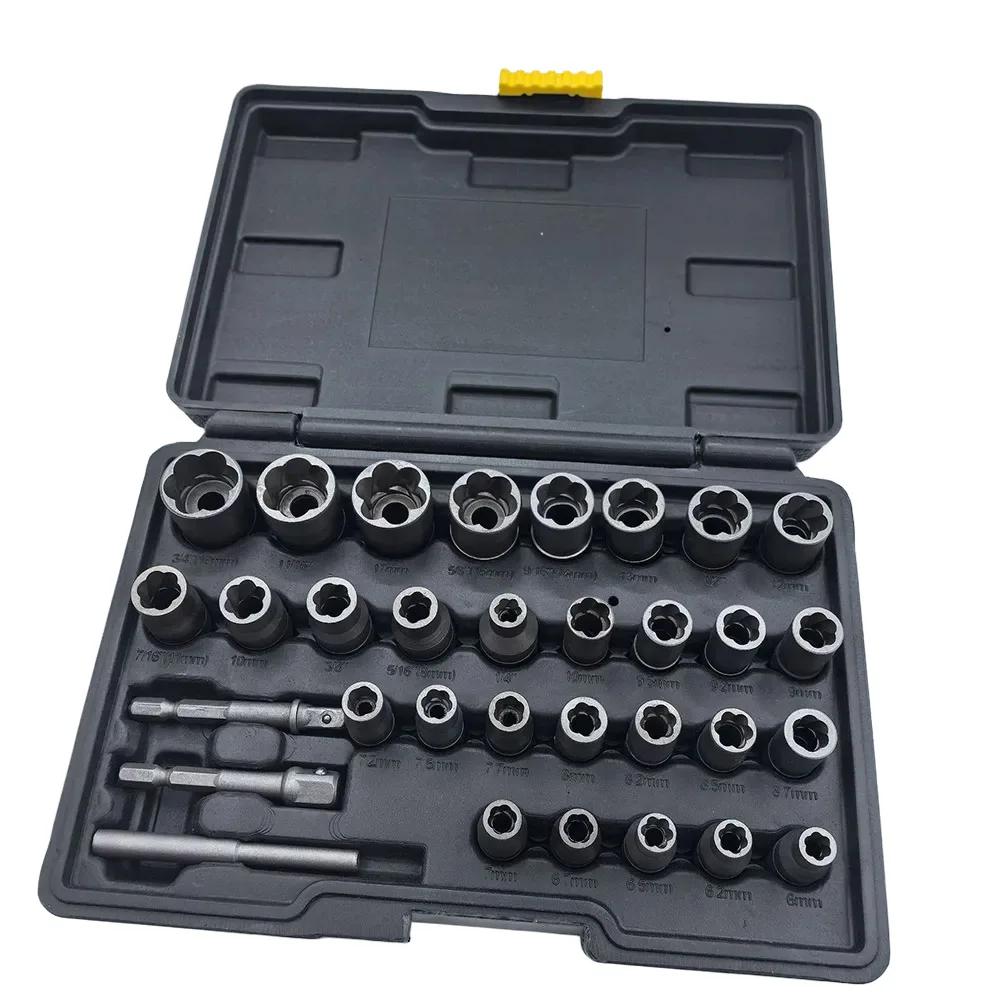 32pcs Bolt Extractor Socket Nut Set For Removing Damaged Rusted Bolts And Nuts Multi-Purpose Disassembly Tool Kit For Power Tool