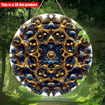 2D düz 20*20cm 1 adet Retro Parlak Mavi mandala desenleri Kapı tabelası, Barlar, kafeler için altın ve mavi desenli detaylı yuvarlak duvar sanatı plaketi