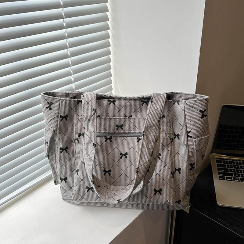 Women Corduroy Tote Bag Stylish Large Capacity Casual Commuting Bag Bow Pattern Design Simple Shopping Bag Chic Handbags CLE