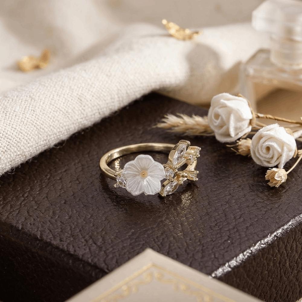 Wedding Flower Crystal Ring Adjustable Zircon Ring Delicate Flower Opening Ring  Gifts