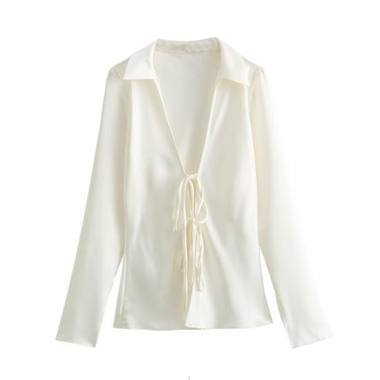 

Женская рубашка с лацканами, рубашка с длинным рукавом и шнуровкой, сексуальный полый эффект, шелковый атлас, текстурированная бантовая деталь, однотонные рубашки, топы XS абрикосовый