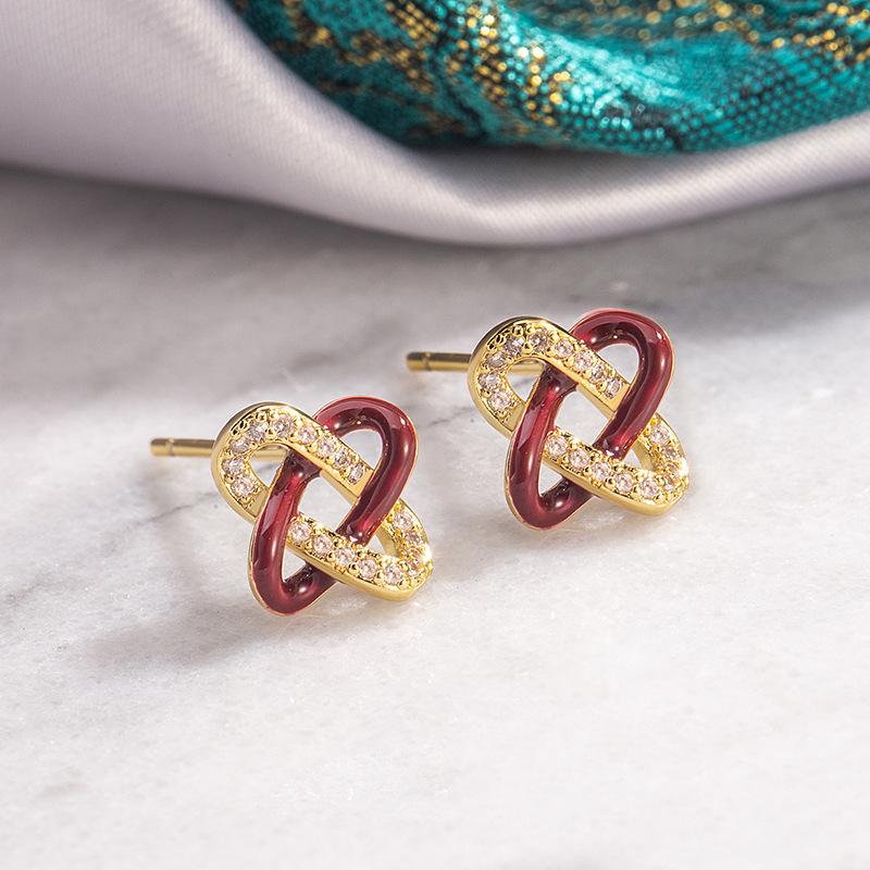 

Red Oil Drip Rhinestone Knot Stud Earrings - Women s Fashionable Light Luxury Accessories